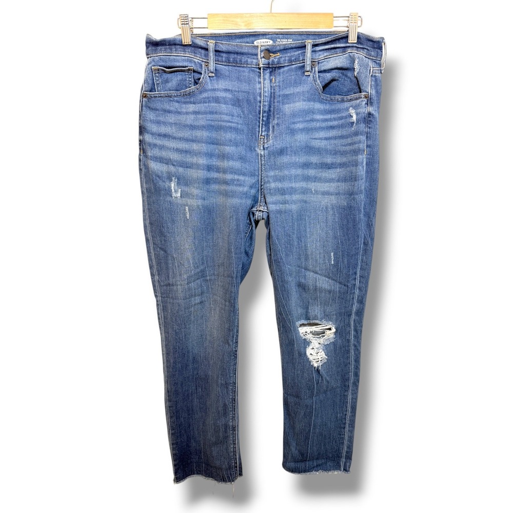 Old Navy Power Jean Straight Ankle Jeans Womens 14 Blue Distressed Raw Hem